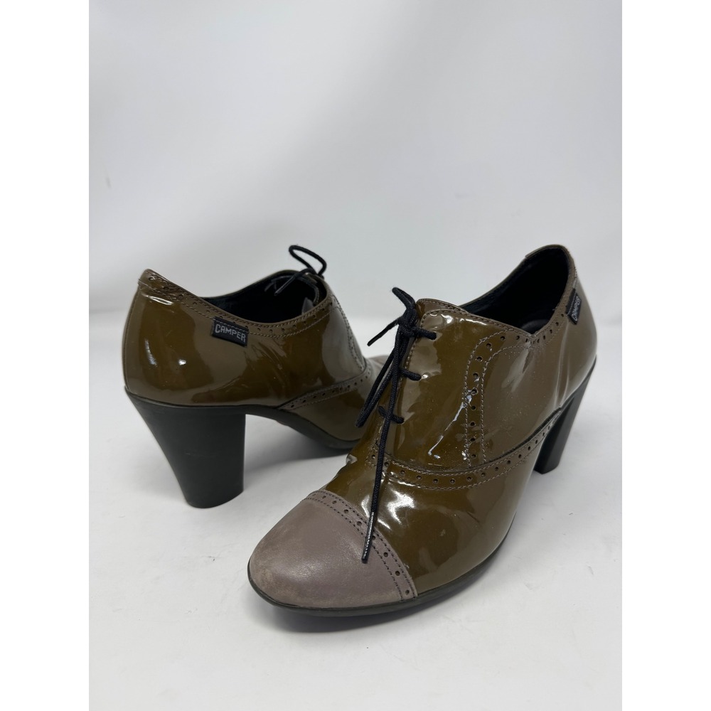 Camper Twins Olive Green Patent Leather Cap Toe Oxford Lace Up Heels Size 38